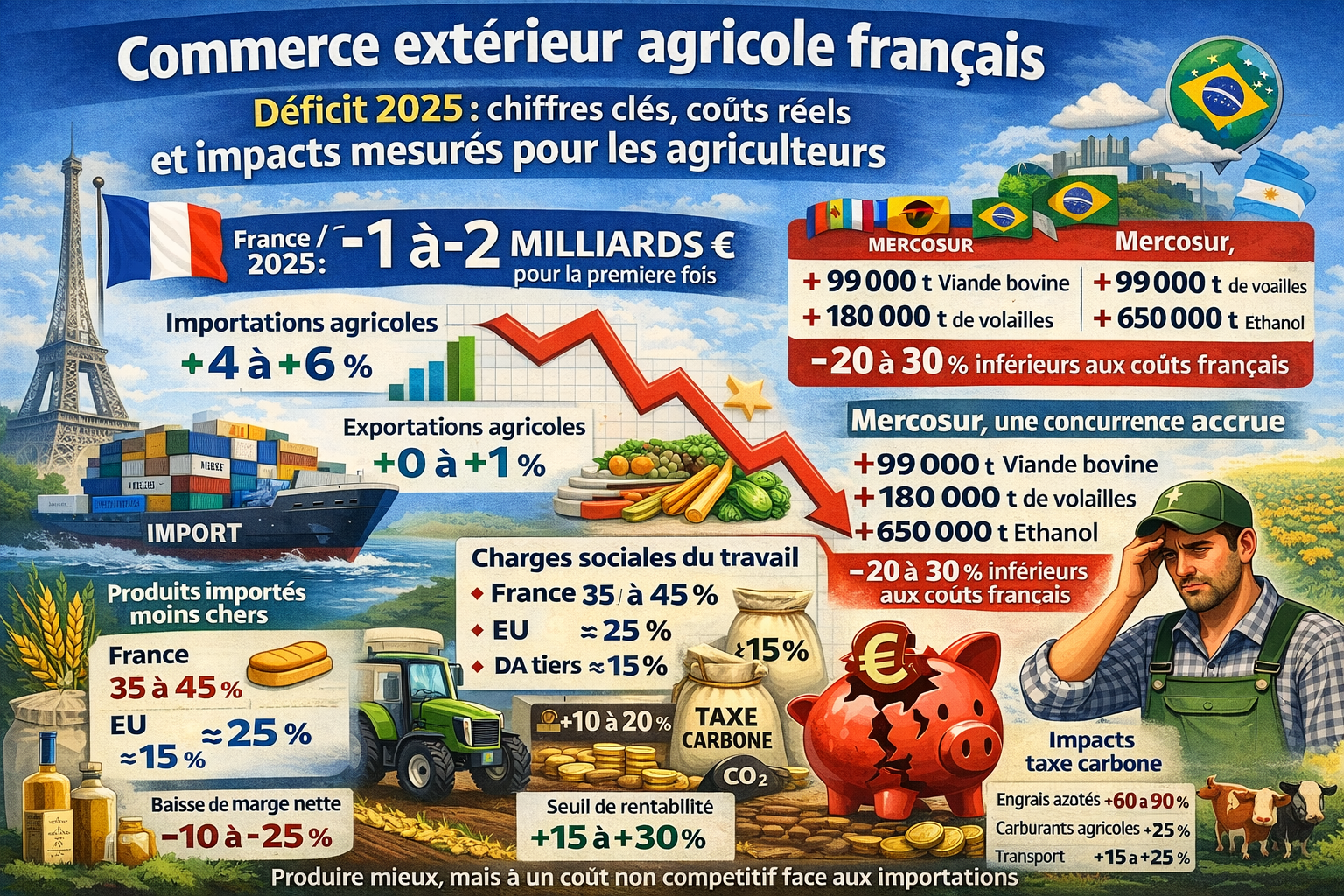 Commerce extérieur agricole français : déficit 2025, chiffres clés, coûts réels et impacts mesurés pour les agriculteurs