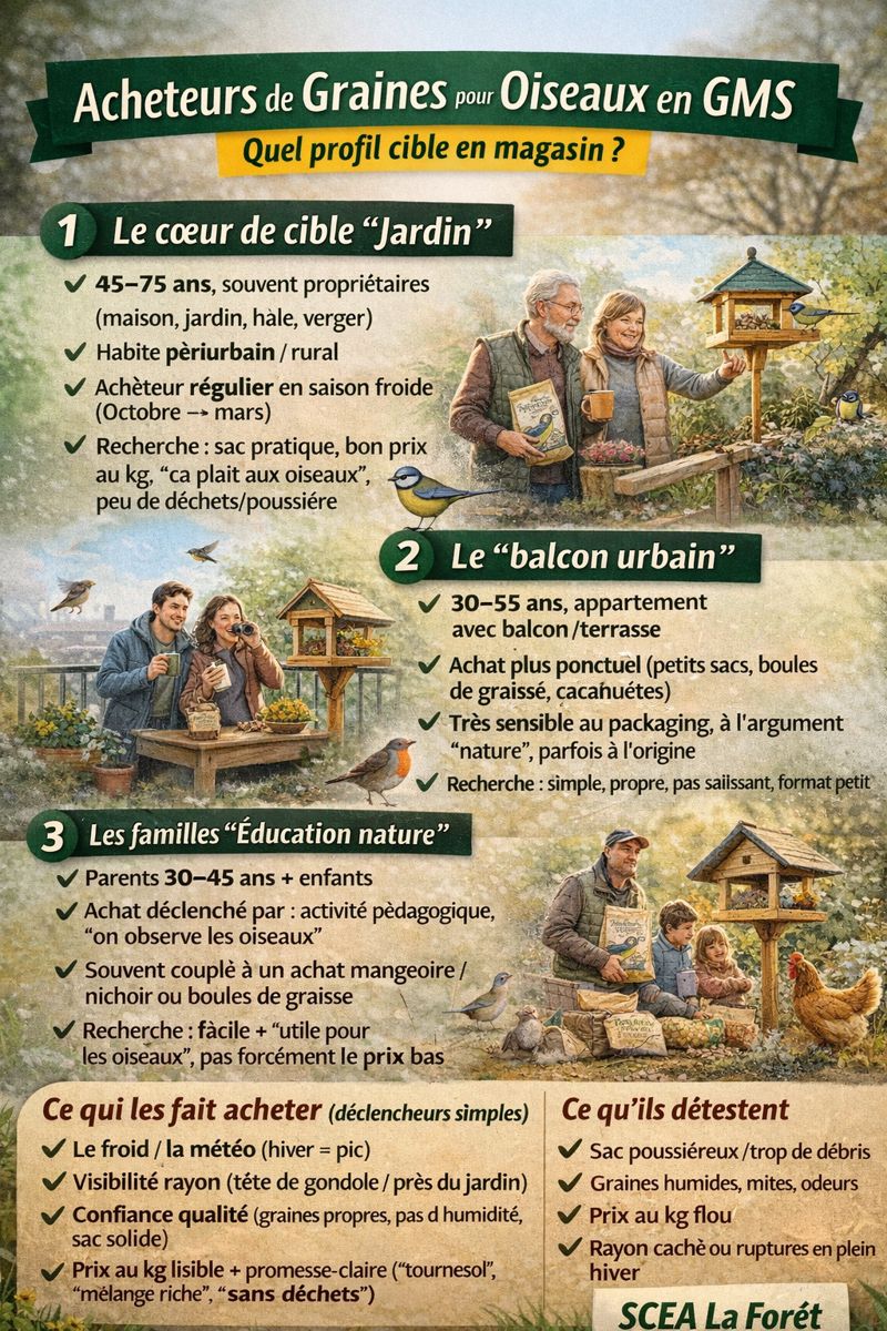 Le profil le plus fréquent des acheteurs de mélange de graines pour oiseaux en GMS (en France)