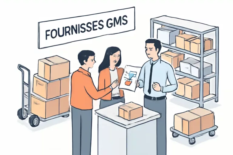 Responsable achats en GMS en réunion de négociation avec des fournisseurs GMS autour de statistiques de performance